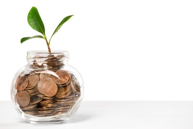 Photo of Investment concept. Glass jar with coins and sprout on light background, space for text