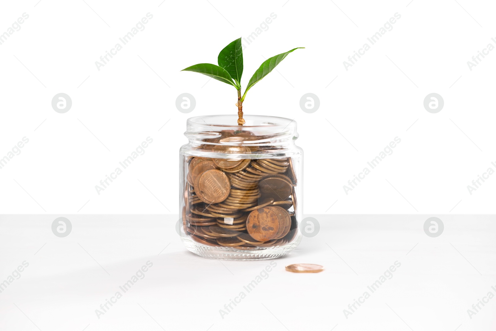 Investment concept. Glass jar with coins and sprout on light background Photo of Investment concept. Glass jar with coins and sprout on light background