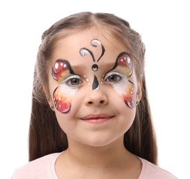 Photo of Cute girl with butterfly face painting on white background