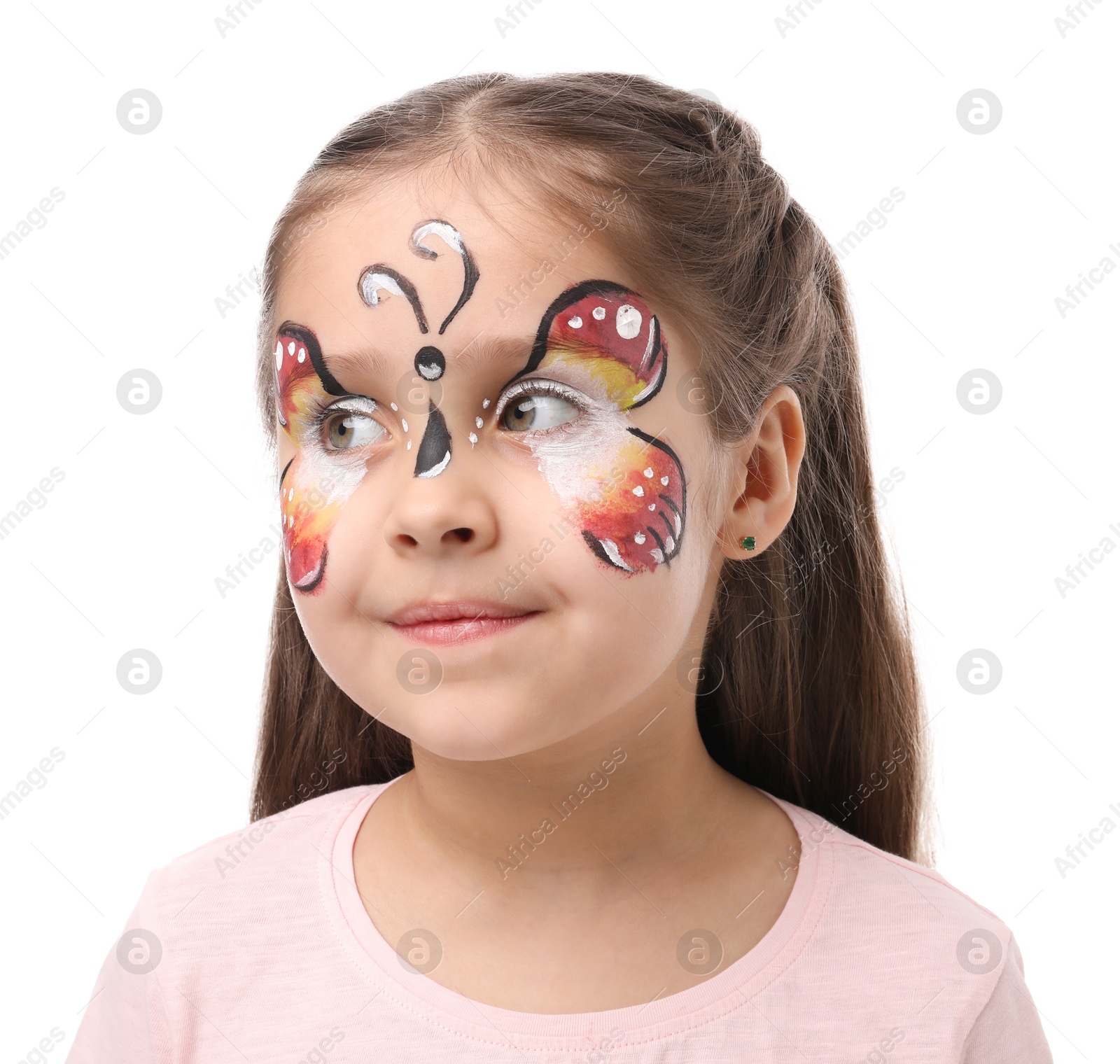Cute girl with butterfly face painting on white background Photo of Cute girl with butterfly face painting on white background