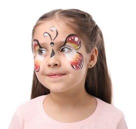 Photo of Cute girl with butterfly face painting on white background