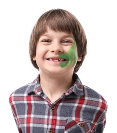 Photo of Cute boy with green face painting on white background
