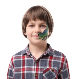 Photo of Cute boy with dinosaur face painting on white background