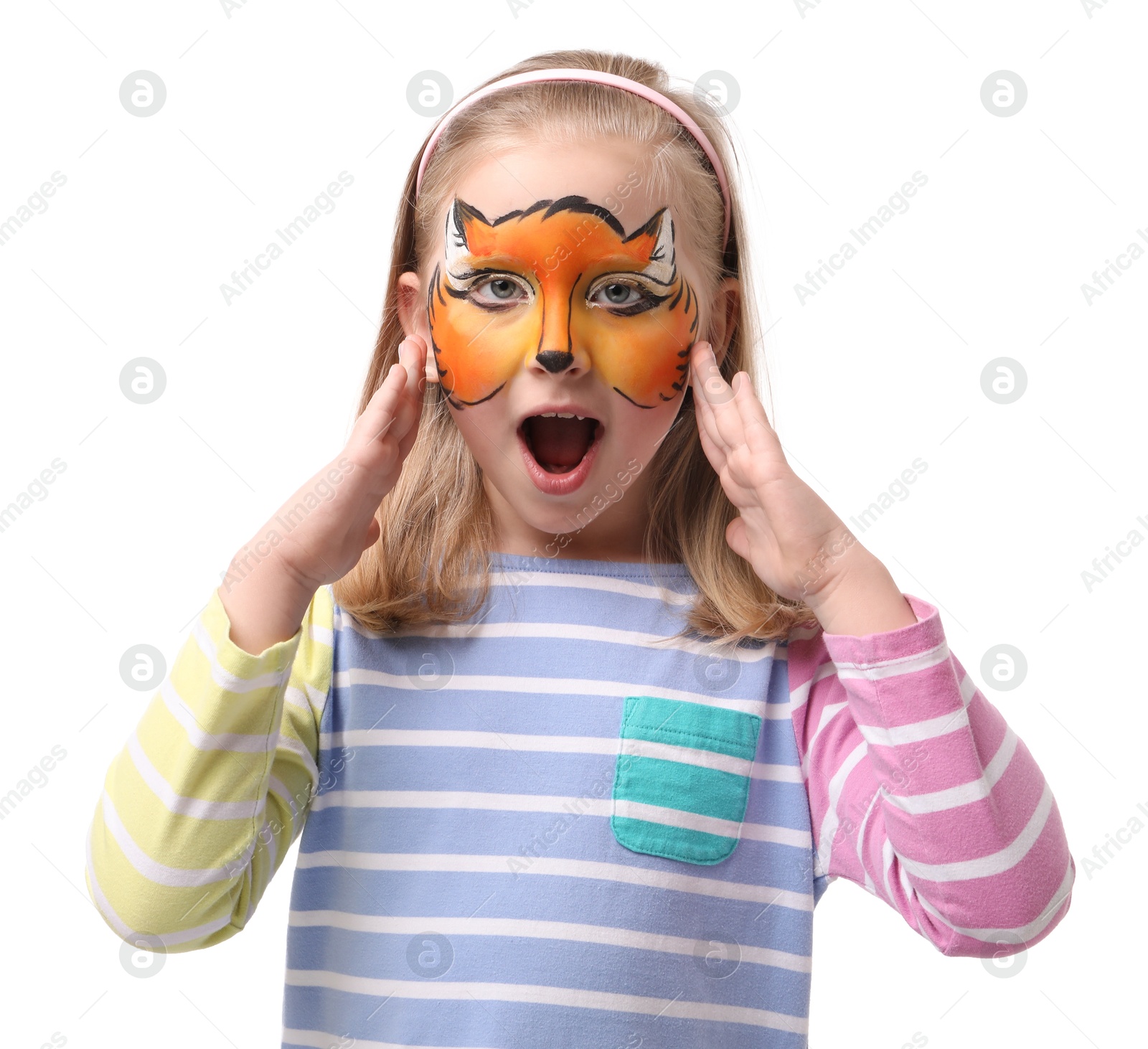Emotional girl with fox face painting on white background Photo of Emotional girl with fox face painting on white background