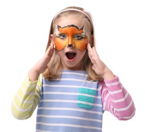 Photo of Emotional girl with fox face painting on white background