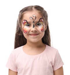 Photo of Cute girl with butterfly face painting on white background
