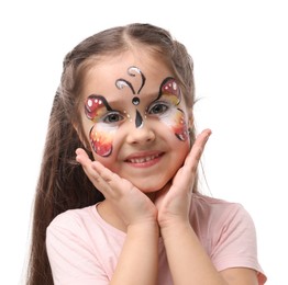 Photo of Cute girl with butterfly face painting on white background