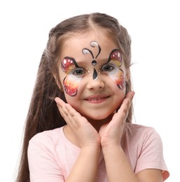 Photo of Cute girl with butterfly face painting on white background