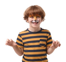 Photo of Cute boy with tiger face painting posing on white background