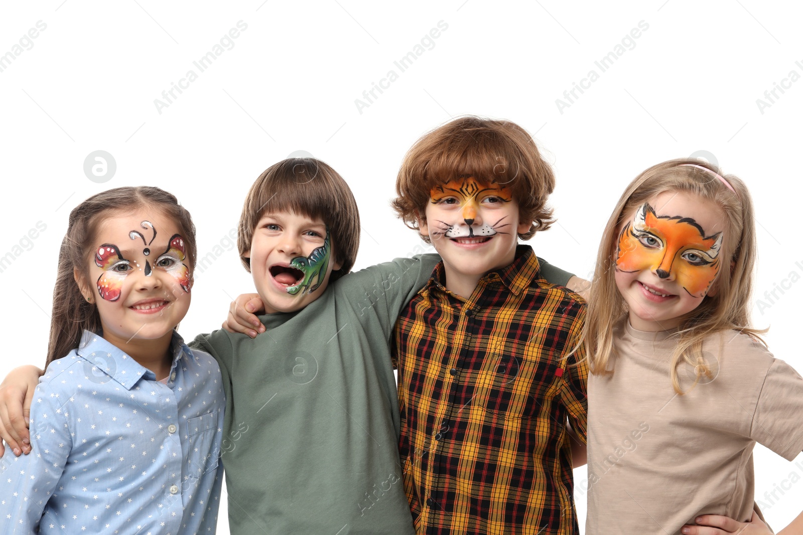 Photo of Group of kids with colorful face paintings on white background