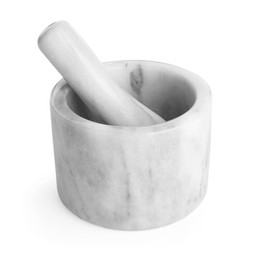 Photo of Marble mortar with pestle isolated on white