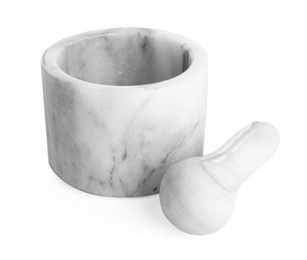 Photo of Marble mortar with pestle isolated on white