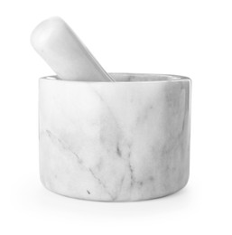 Photo of Marble mortar with pestle isolated on white
