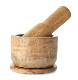 Photo of Wooden mortar with pestle isolated on white