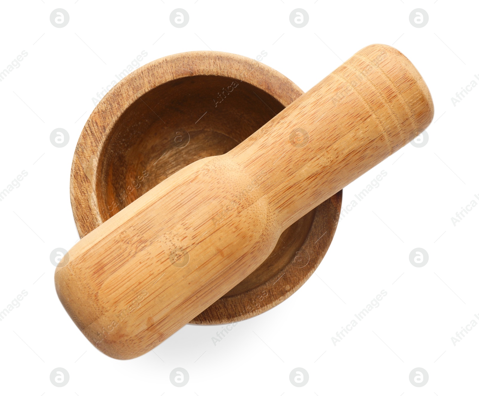 Wooden mortar with pestle isolated on white, top view Photo of Wooden mortar with pestle isolated on white, top view