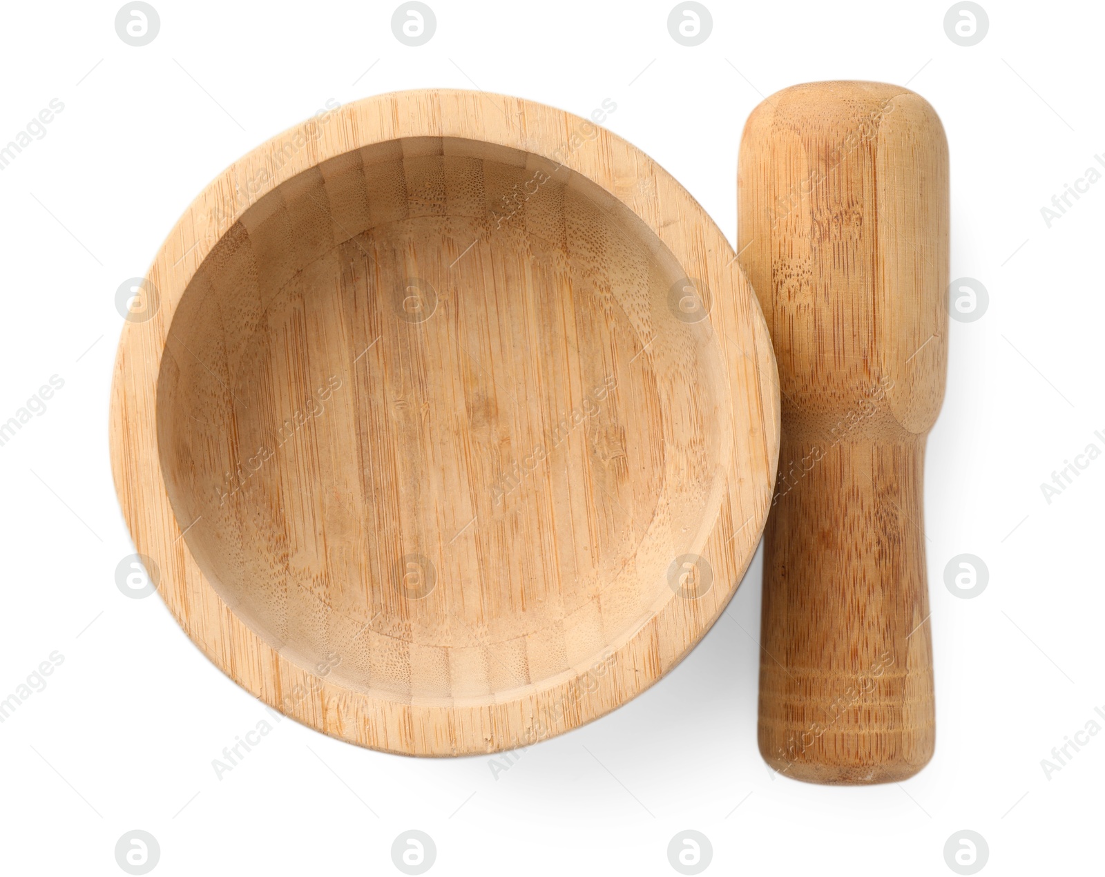 Wooden mortar with pestle isolated on white, top view Photo of Wooden mortar with pestle isolated on white, top view