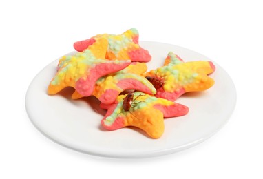 Photo of Cockroaches crawling on gummy candies against white background