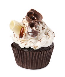 Photo of Cockroach crawling on cupcake against white background