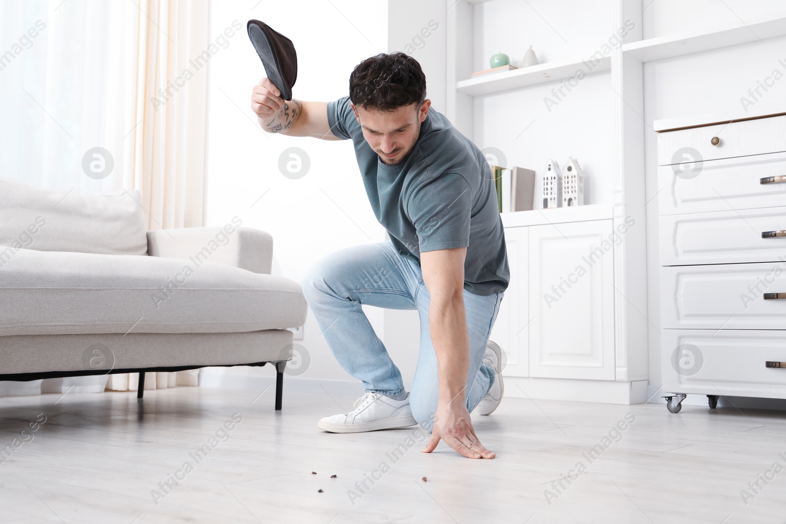 Emotional young man killing cockroaches with slipper on floor indoors. Pest problem Photo of Emotional young man killing cockroaches with slipper on floor indoors. Pest problem
