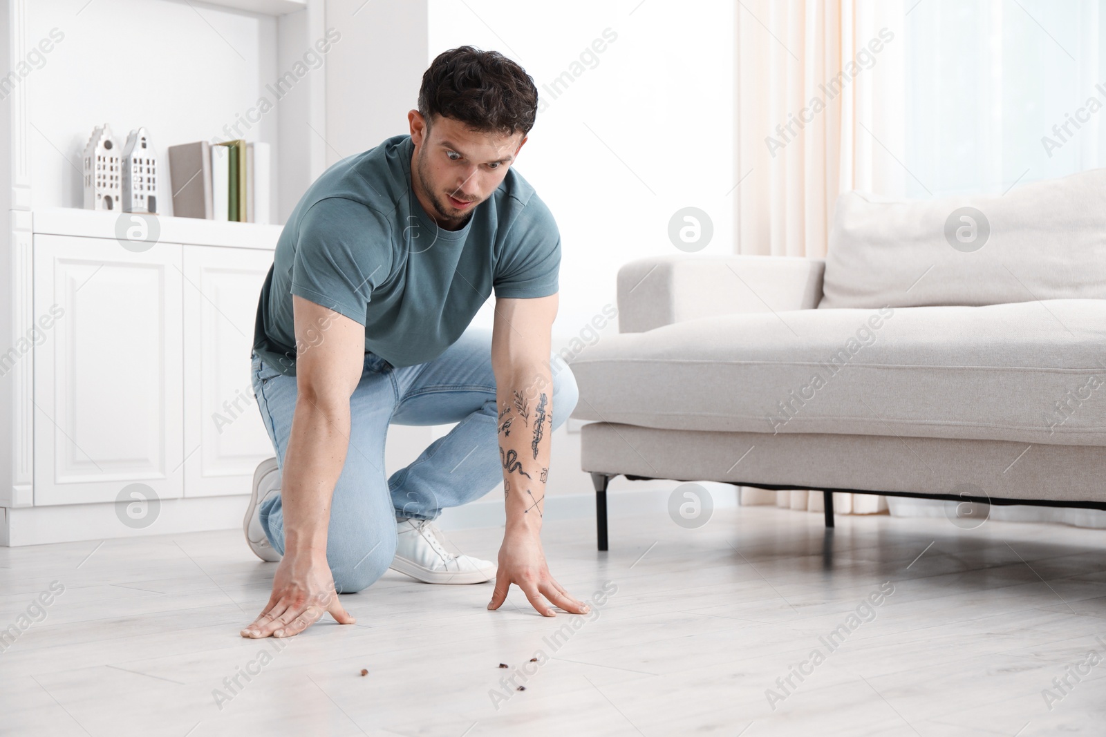 Emotional young man looking in disgust at cockroaches on floor indoors, space for text. Pest problem Photo of Emotional young man looking in disgust at cockroaches on floor indoors, space for text. Pest problem