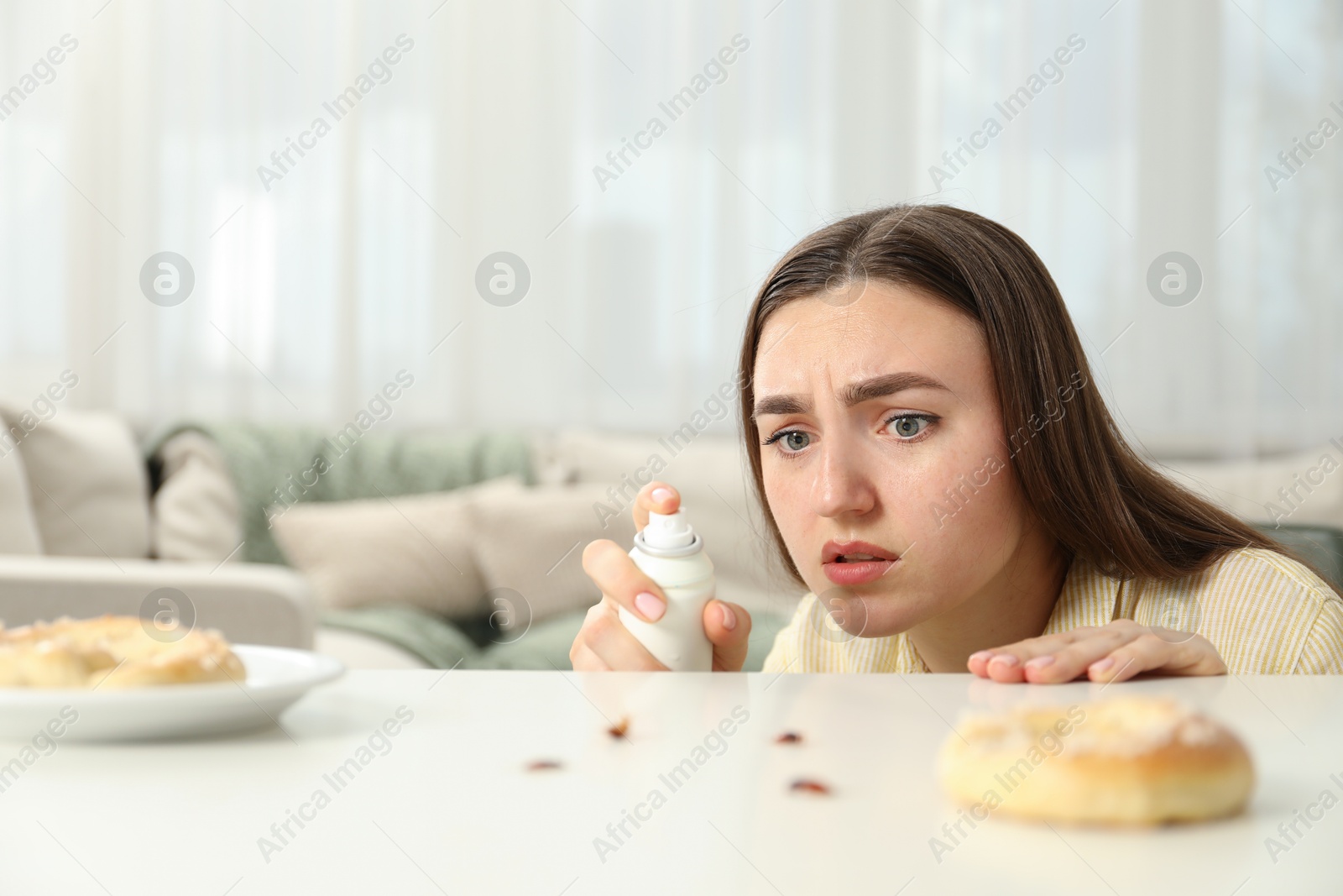 Emotional young woman spraying insecticide onto cockroaches at white table indoors. Pest problem Photo of Emotional young woman spraying insecticide onto cockroaches at white table indoors. Pest problem