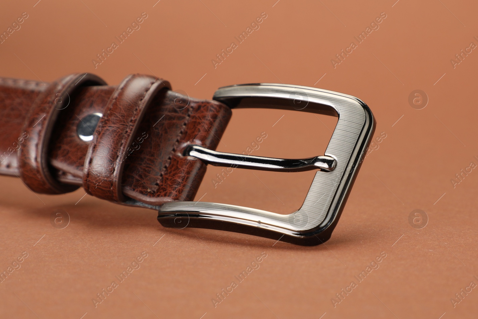 One leather belt on pale brown background, closeup Photo of One leather belt on pale brown background, closeup