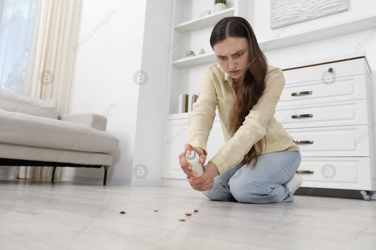 Emotional young woman spraying insecticide onto cockroaches on floor at home, space for text. Pest problem Photo of Emotional young woman spraying insecticide onto cockroaches on floor at home, space for text. Pest problem
