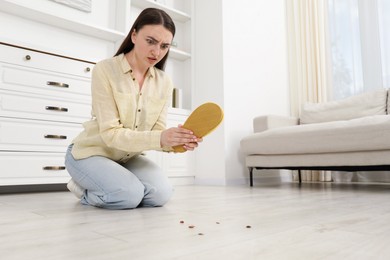 Photo of Emotional young woman with slipper looking in disgust at cockroaches on floor indoors, space for text. Pest problem