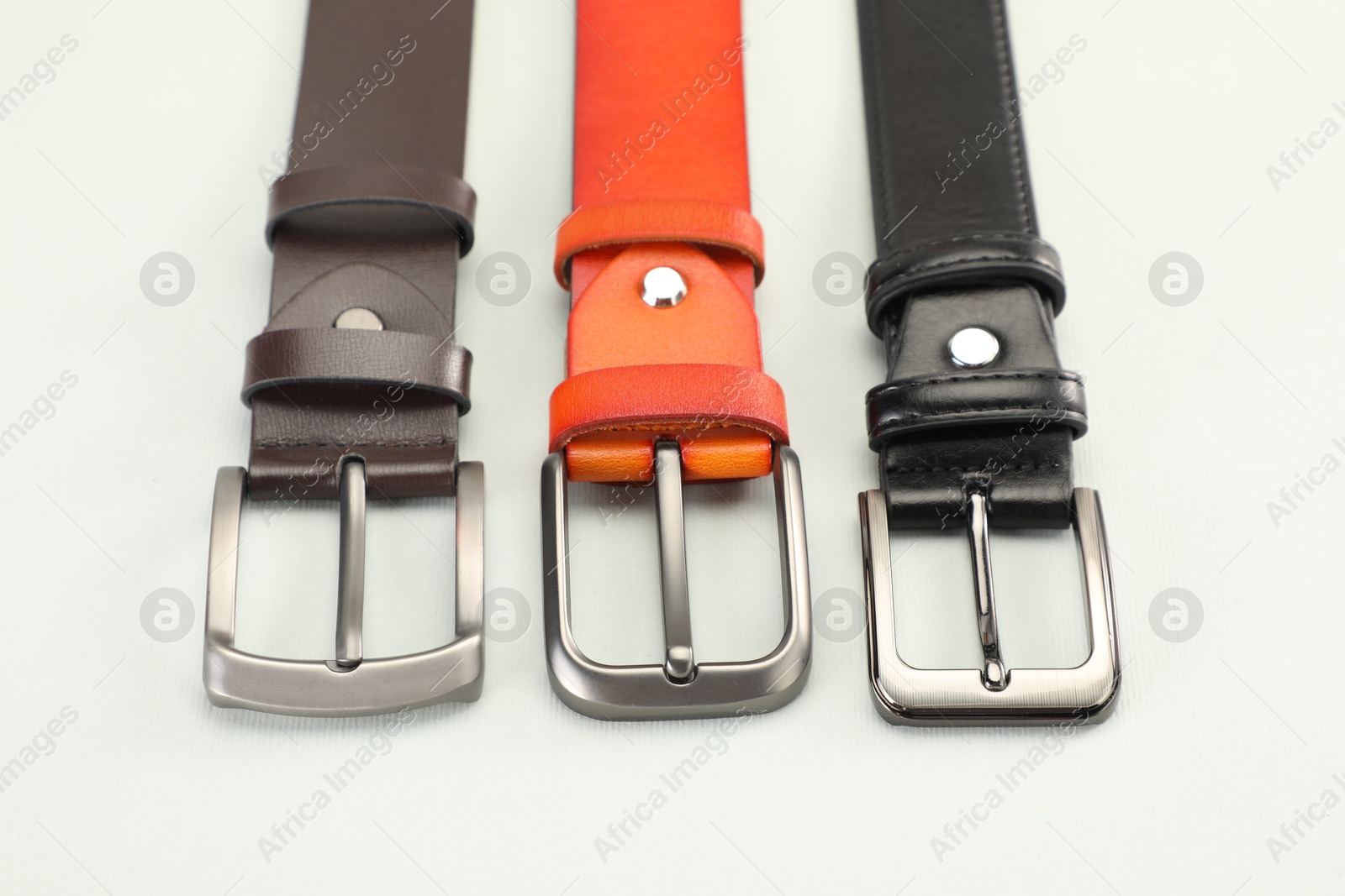 Three leather belts on white background, above view Photo of Three leather belts on white background, above view