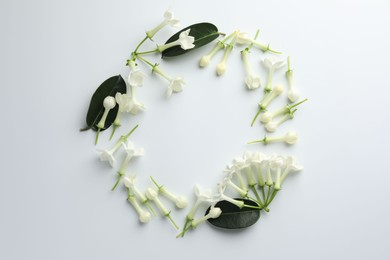 Photo of Frame made of beautiful jasmine flowers on white background, flat lay. Space for text
