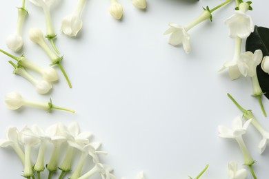 Photo of Frame made of beautiful jasmine flowers on white background, flat lay. Space for text