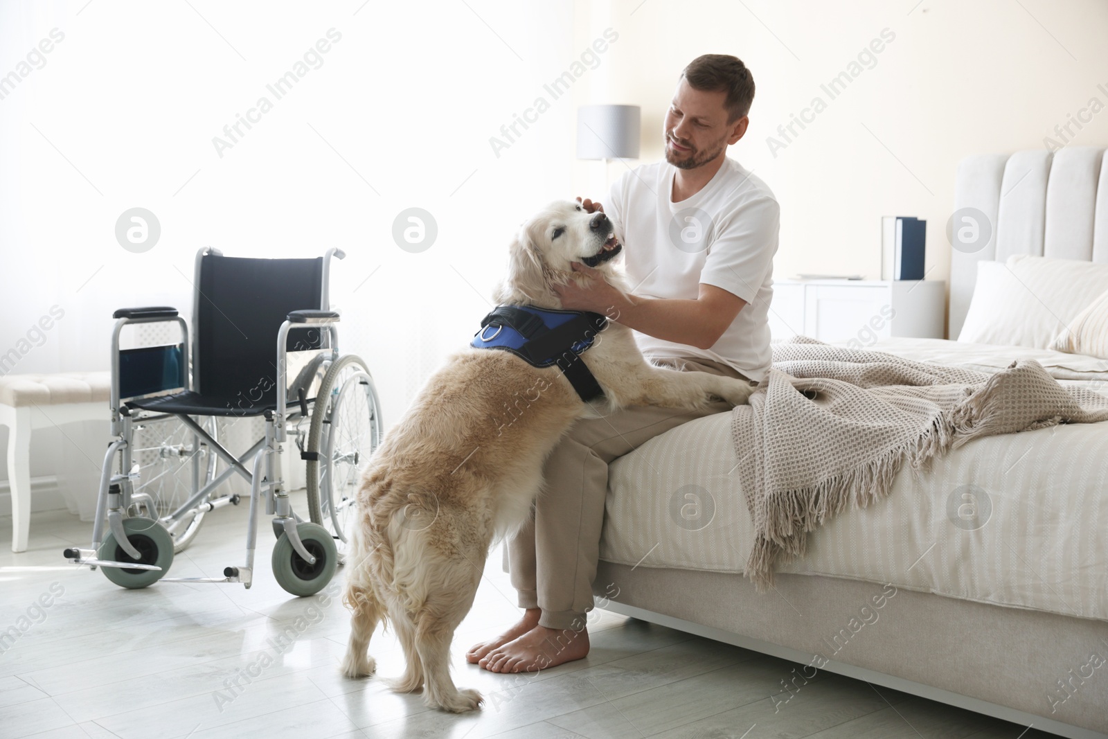 Man with disability and his service dog at home Photo of Man with disability and his service dog at home