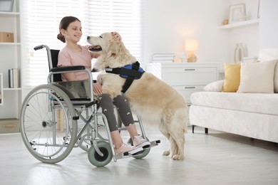 Photo of Girl in wheelchair with her service dog at home. Space for text