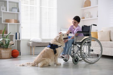 Photo of Girl in wheelchair with her service dog at home. Space for text