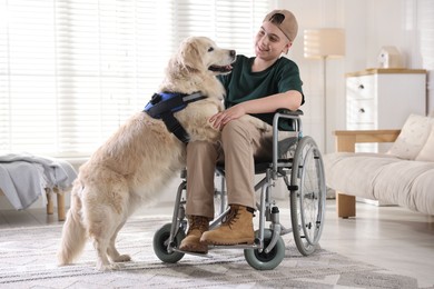 Photo of Teenage boy in wheelchair with his service dog at home