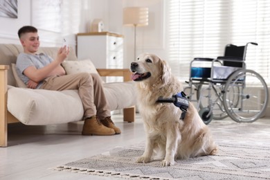 Photo of Teenage boy with disability and his service dog at home, selective focus