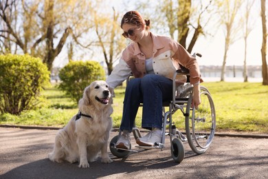 Photo of Woman in wheelchair with her service dog at park