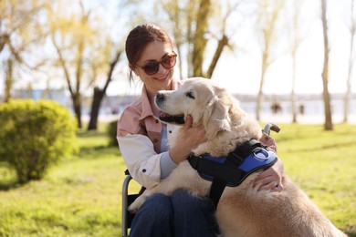 Photo of Woman in wheelchair hugging her service dog at park