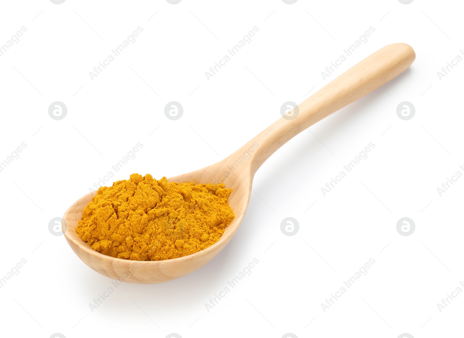 Turmeric powder in spoon isolated on white. Aromatic spice Photo of Turmeric powder in spoon isolated on white. Aromatic spice