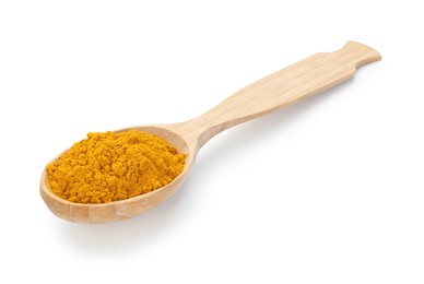 Photo of Turmeric powder in spoon isolated on white. Aromatic spice