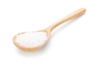 Photo of Natural salt in spoon isolated on white