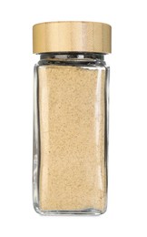 Photo of Garlic powder in spice jar isolated on white