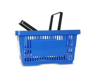 Photo of One blue shopping basket isolated on white