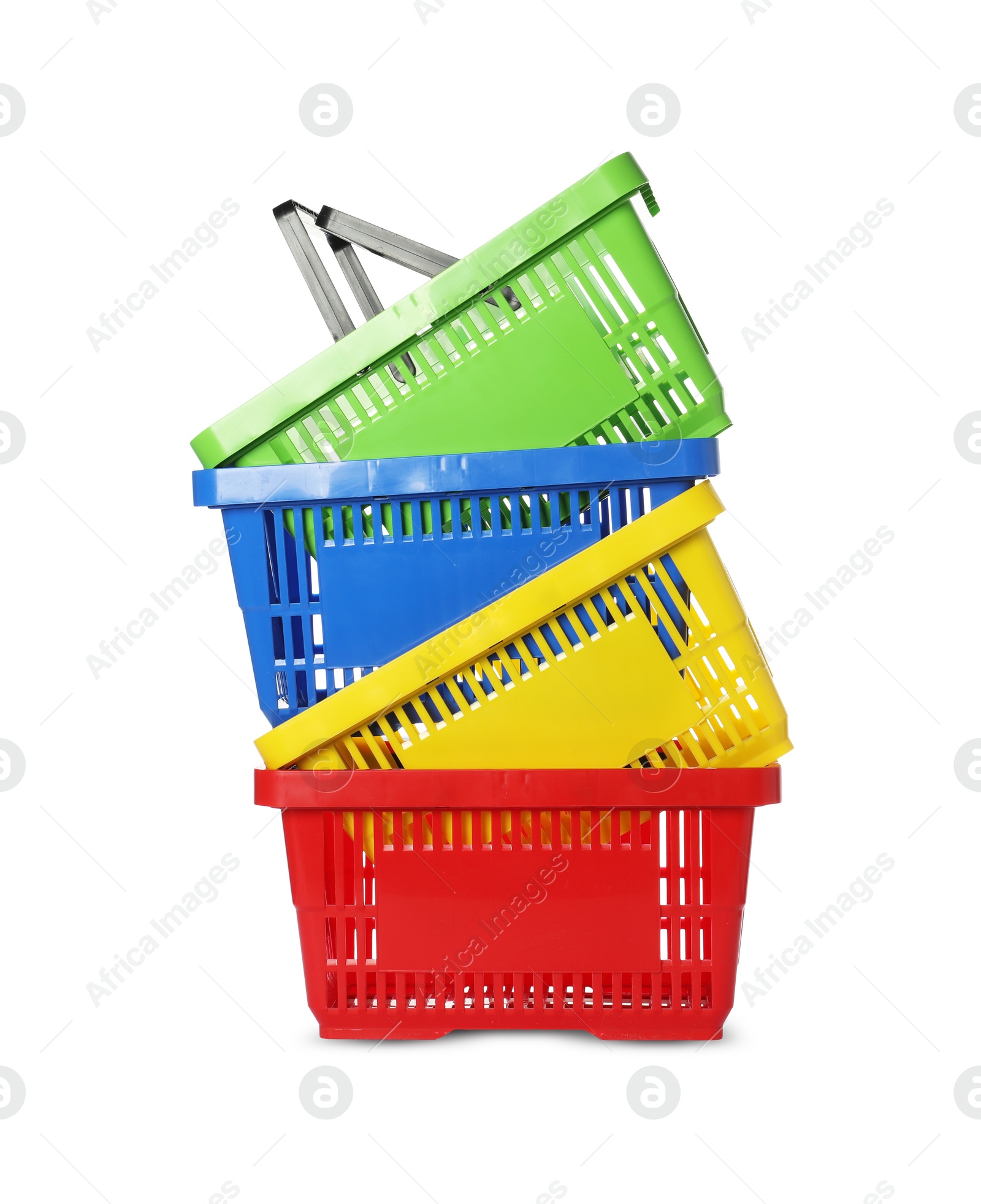 Stack of colorful shopping baskets isolated on white Photo of Stack of colorful shopping baskets isolated on white