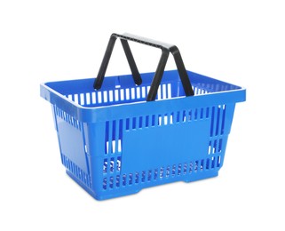 Photo of One blue shopping basket isolated on white
