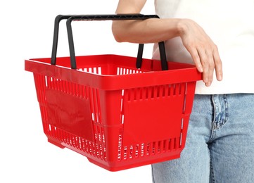 Photo of Woman with plastic shopping basket on white background, closeup