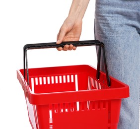 Photo of Woman with plastic shopping basket on white background, closeup