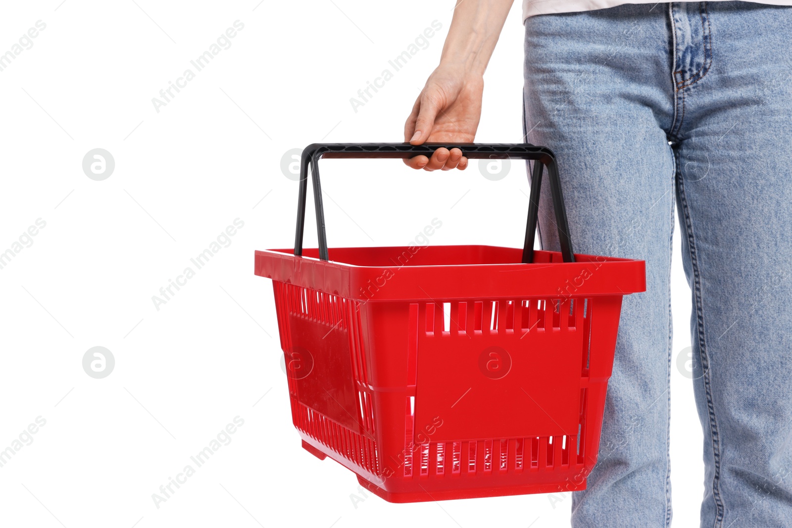 Woman with plastic shopping basket on white background, closeup Photo of Woman with plastic shopping basket on white background, closeup