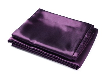 Photo of Silky purple bed linens on white background