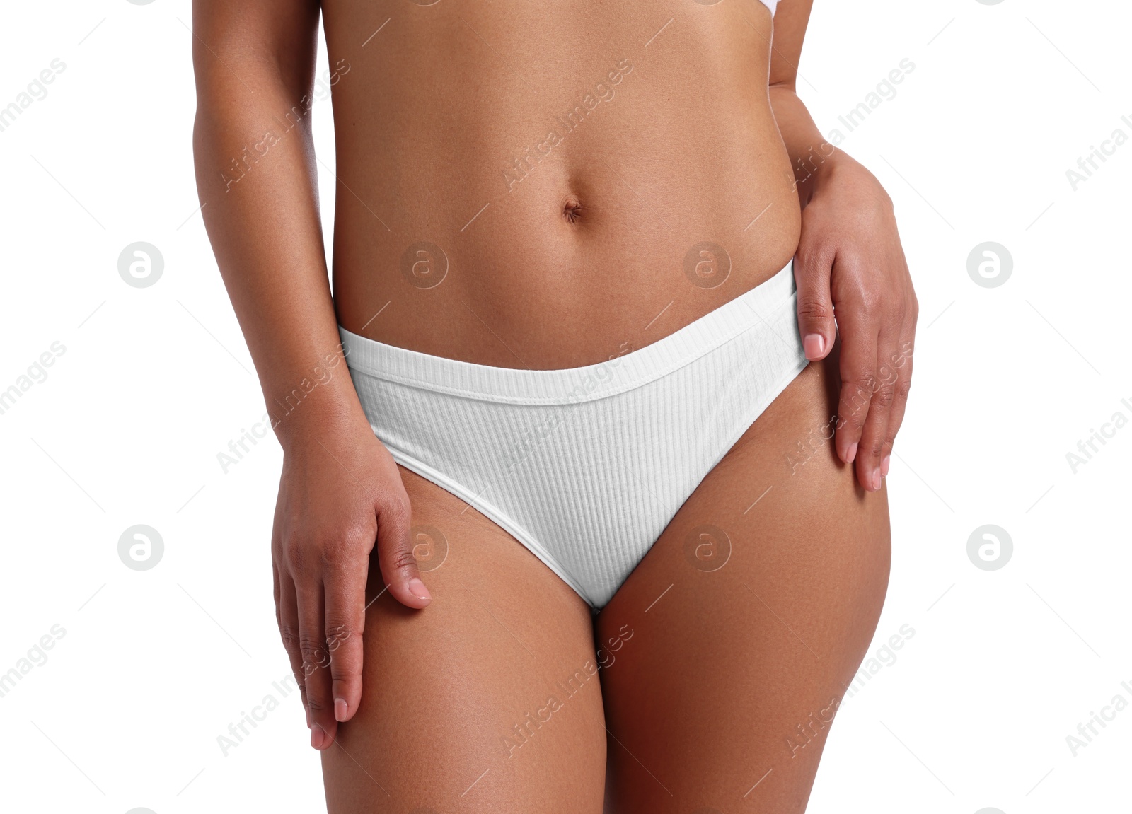 Photo of Woman in underwear with smooth skin after epilation procedure on white background, closeup